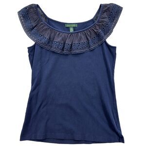 Lauren Ralph Lauren Womens Knit Tank Top Size Large Navy Ruffle Embroidered